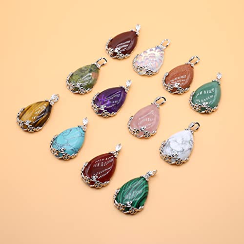 LE SKY Natural Stone Pendants Waterdrop Shape Mixed Crystal Agate Alloy Base Pendant Charms for Jewelry Making DIY Random 5 Pcs