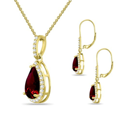 Jewelry Sets for Women, Necklace and Earring Sets for Women, Birthstone Jewelry, Genuine or Synthetic Gemstones, Teardrop Necklace and Dangle Earrings, Pendant Necklace, Sterling Silver Jewelry - color: Synthetic Ruby - Yellow Gold