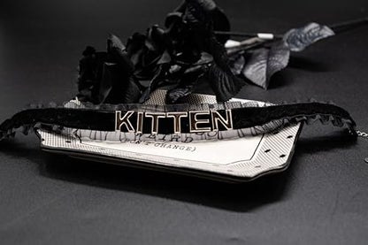 Women's Black Velvet Lace Letter Choker Collar for Halloween, 15-inch | Made of Velvet Lace Ribbon and Silver Letter Charms, Lobster-claw Closure, Daily Gothic Style, Avoid Water & Perfume - color: KITTEN