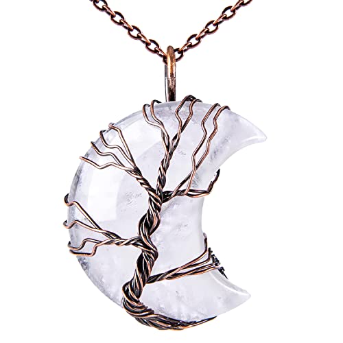 Bivei Life Tree Crescent Moon Necklaces for Women | Copper Wire Wrap Gemstones Pendant Crystals and Natural Stones Necklace Witch Jewellery Christmas Valentine's Day for Friends - color: Clear - Clear Quartz, style: Pack of 1