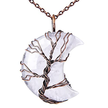 Bivei Life Tree Crescent Moon Necklaces for Women | Copper Wire Wrap Gemstones Pendant Crystals and Natural Stones Necklace Witch Jewellery Christmas Valentine's Day for Friends - color: Clear - Clear Quartz, style: Pack of 1