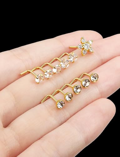 Prjndjw 20G Big Nose Stud Large Nose Studs Surgical Stainless Steel Straight Nose Studs 4mm CZ Paved CZ Nose Rings with 6-CZ Flower Ring for Women Men 11 Pieces - color: 4mm CZ Big 20G Gold-plated L-shaped Nose Stud