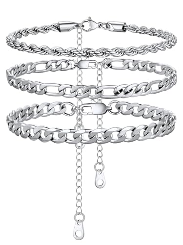U7 2Pcs/3Pcs Ankle Bracelets for Women, Stainless Steel Cuban Link/Figaro/Rope/Heart Chain Anklets Sets,Waterproof Layered Anklets Adjustable 8.5"-10.5" - color: 03. 3Pcs Style A-Stainless Steel