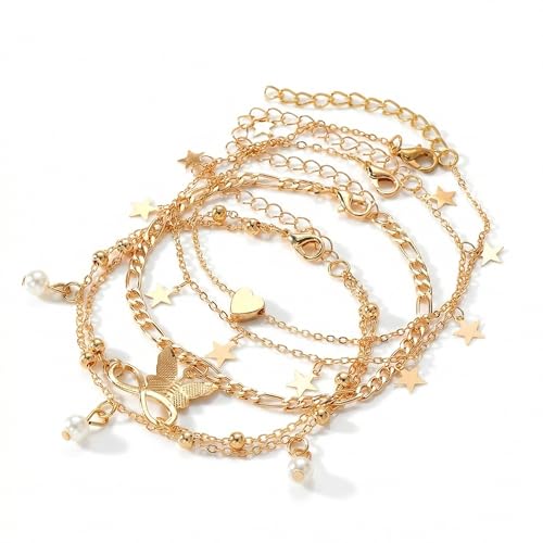 Fesciory 14K Gold Plated Ankle Bracelets Sets For Women, Adjustable Layered Infinite Anklet, Summer Beach Butterfly Star Foot Chain Jewelry Gifts - style: Butterfly(Gold)