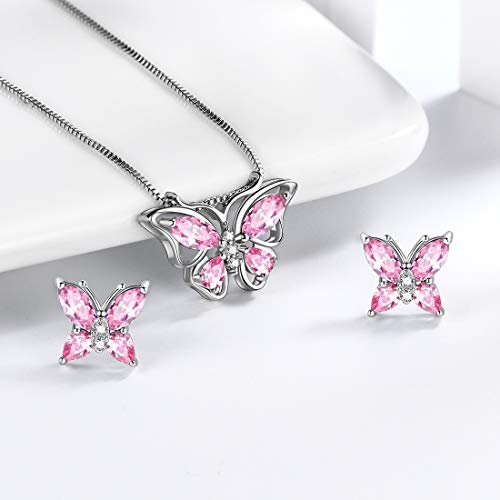 Aurora Tears Butterfly Jewelry,Women 925 Sterling Silver Butterflies Birthstone Pendant Necklace/Earrings/Rings Wedding Gift - color: J.October-set 2