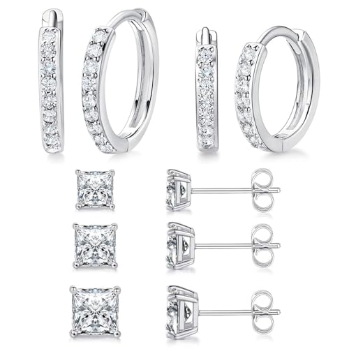 White Gold Earrings for Women Men Hoop and Stud Earring Set | Hypoallergenic 14K White Gold Plated Hoops Huggie Stud Earrings Set Round Cubic Zirconia Ear Jewelry - style: A2-White Gold-Hoop&Square Stud (5 Pairs)