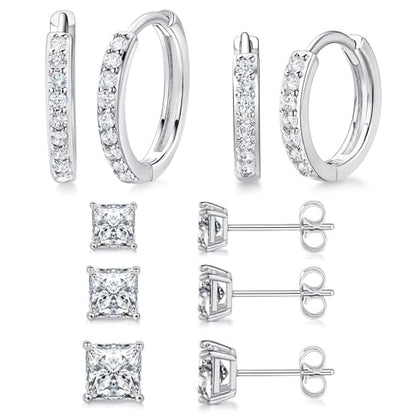 White Gold Earrings for Women Men Hoop and Stud Earring Set | Hypoallergenic 14K White Gold Plated Hoops Huggie Stud Earrings Set Round Cubic Zirconia Ear Jewelry - style: A2-White Gold-Hoop&Square Stud (5 Pairs)