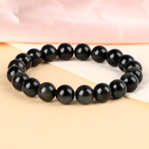 LPBeads Handmade Natural Gemstone Stretch Elastic Bracelet Healing Crystal Round Stone Beads Jewelry Gifts for Women Men - color: Black Obsidian, size: 10mm