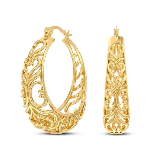 LeCalla 925 Sterling Silver Chunky Hoop Earrings | Filigree Heart Hoop Earrings for Women | Oval & Round Mesh Filigree Click-Top Hoops Earring | Hypoallergenic Earrings for Women - color: Yellow Gold Round Filigree 27MM