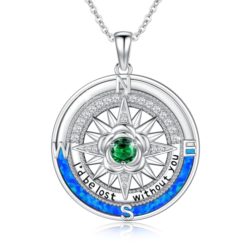 Compass Necklace Sterling Silver Nautical Graduation Gift | 925 Sterling Silver compass pendant with meaningful nautical design, jewelry for women, graduation and travel gift - color: Green-5
