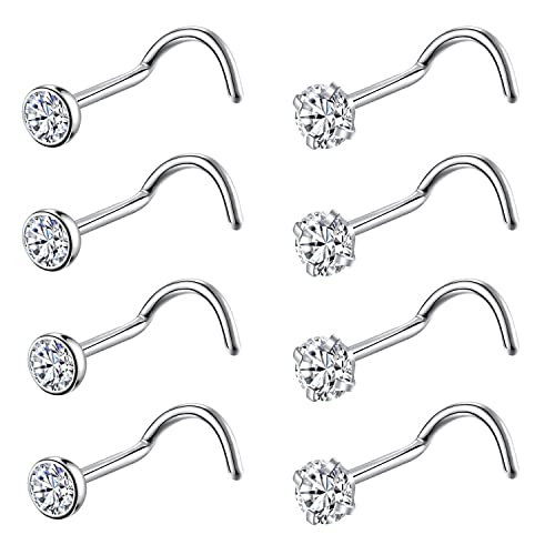 8PCS G23 Titanium Twist Screw Nose Studs 18G 20G Nose Rings 2mm 2.5mm 3mm Clear Pink Purple Aurora CZ Gold Nose Piercing Studs Nostril for Women Men - style: 20g silver clear cz 3mm