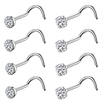 8PCS G23 Titanium Twist Screw Nose Studs 18G 20G Nose Rings 2mm 2.5mm 3mm Clear Pink Purple Aurora CZ Gold Nose Piercing Studs Nostril for Women Men - style: 20g silver clear cz 3mm