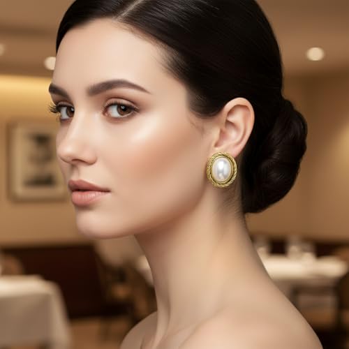 Classic White Faux Pearls Button Bezel Twist Rope Cable Clip-On Earrings For Women Oxidized 14K Yellow Gold Plated