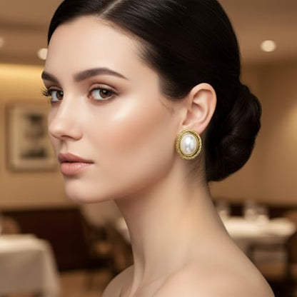 Classic White Faux Pearls Button Bezel Twist Rope Cable Clip-On Earrings For Women Oxidized 14K Yellow Gold Plated