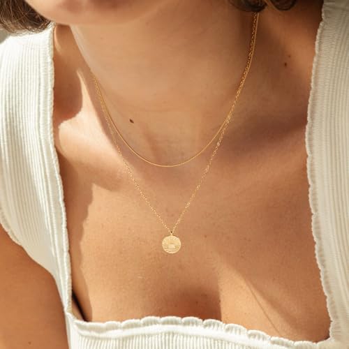 Dainty Gold Necklace: 14k Gold Plated Dianty Boots Bow Sun Moon Horse Evil Eye Conch Seahorse Necklace for Women 16.5"+2" - color: Sun Rise Coin