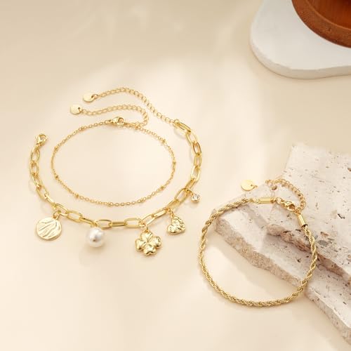 3PCS Charm Gold Bracelets for Women Non Tarnish,14k Plated Gold Bracelet Stack Cute Dainty Stackable Trendy Bow Cross Clover Bracelets Set Tarnish Free Gold Jewelry for Women Gifts - color: Three-Gold