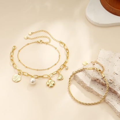 3PCS Charm Gold Bracelets for Women Non Tarnish,14k Plated Gold Bracelet Stack Cute Dainty Stackable Trendy Bow Cross Clover Bracelets Set Tarnish Free Gold Jewelry for Women Gifts - color: Three-Gold