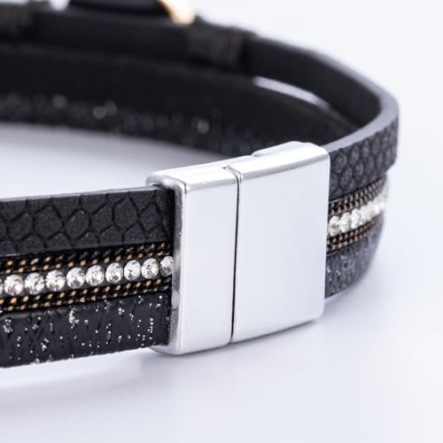 Boho Chunky Leather Wrap Bracelets Stackable Beaded Western Country Jewelry | Crystal Bead Trendy Layered Cuff Magnetic Clasp Stack Bohemian Statement Costume Outfits Cowgirl Fashion Hippie Accessories - color: Black, size: 14.7"