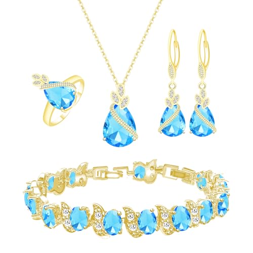 GZWHD Jewelry Set for Women CZ Earrings Necklace Ring Bracelet Set Prom Party Wedding Jewelry Gift for Mother Friend Wife - color: Gold-Sky Blue