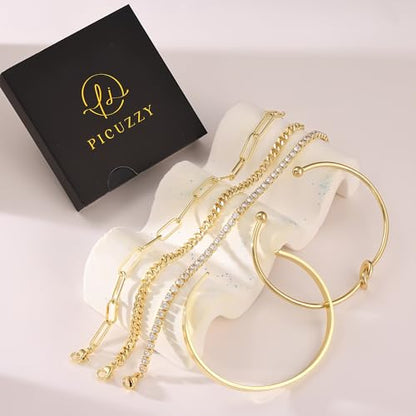 14K Gold Plated Stackable Bangle Bracelets Set for Women | Cuff Bracelet Stackable Bangles Bracelet for Women Trendy Fashion Accessories Tie Knot Cuban Rope Paperclip Beaded Bracelets - color: 5-layer D GD