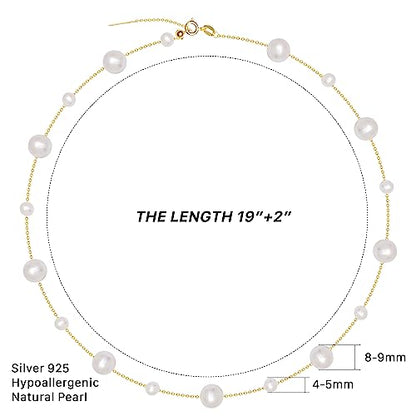 925 Sterling Silver Dainty Freshwater Cultured Pearl Choker Necklace White Genuine Real Pearl Charm Necklaces Jewelry Gifts for Her - color: Satellite Pearl-Gold Plus 4-5mm&8-9mm