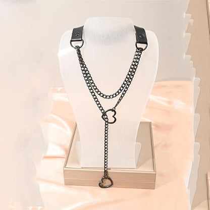 Leather Choker Slip Chain Necklace Stainless Steel Cuban Link Long Necklaces Gothic Punk Heart Chain Necklace Handmade Collars for Women - color: Black+Black