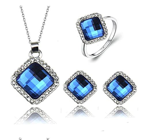 4 Pieces Fashion Rhombus Crystal Rhinstone Pendant Necklace Earring Ring Jewelry Set for Women Lady Wedding Party Prom Birthday Gifts