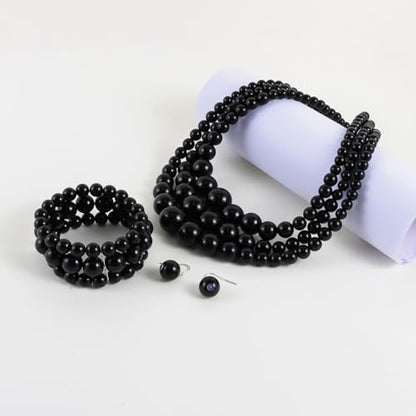KOSMOS-LI Women's 3 Layer Simulated Pearl Statement 18" Necklace Bracelet and Earrings Jewelry Set Stocking Stuffers - color: Black