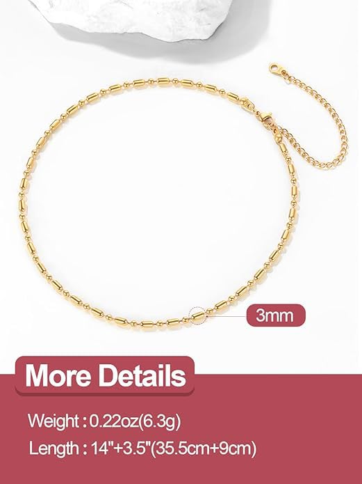 FOCALOOK Choker Necklace for Women, Double Layered Boho Beaded Choker Chain | Dainty 14K Gold Plated/Silver/Black Metal, Simple Small Satellite Beaded Chain Necklace, Hypoallergenic for Everyday Wear - color: 03.Beaded Choker-Gold