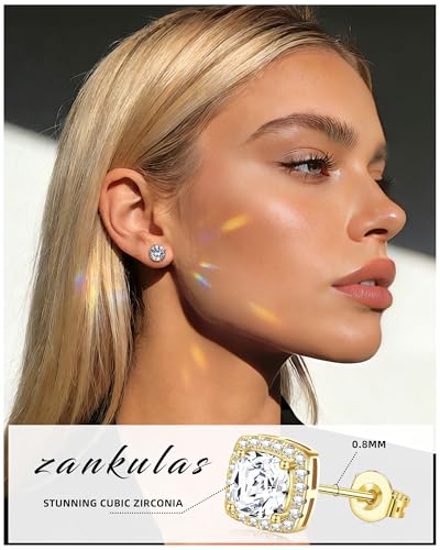 Zankulas Cubic Zirconia Stud Earrings for Women Mens Earrings Hypoallergenic Square CZ Studs Set - color: Gold