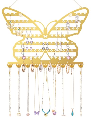 NiHome Butterfly Wall Mounted Jewelry Organizer, Earring Necklace Holder | Holds 82 Studs Plus 85 Hooks. 9 Necklace Hooks. Decorative Metal Display For Bedroom, Vanity, Closet, Gold - color: Gold