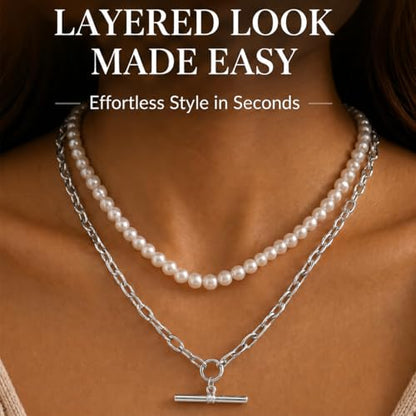 Layered Necklaces for Women Pearl Necklace Stack Gold T Bar Necklace Set Dainty Heart Pendant Jewelry Trendy 2026 Fashion Accessories Gifts - color: B2:2pcs-silver-8mm
