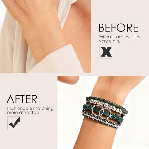 Leather Wrap Bracelets for Women, Boho Leopard Multi-Layer Crystal Beads Cuff Jewelry - color: J-Warp-010