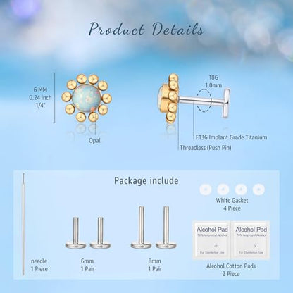 Limerencia G23 Hypoallergenic 18g Flat Back Stud Earrings | F136 Implant Grade Titanium Press Fit Threadless Push Pop in Cartilage Helix Labret Lip Monroe Tragus Piercing Studs - color: Opal Sun Gold