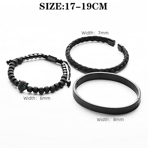 3pcs/set Classical Handmade Braiding Bracelet Hip Hop Men Pave CZ Leopard Head Roman Numeral Bracelet Stainless Steel Jewelry - color: 3pcs A Black Set B