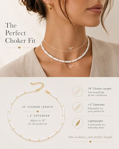 Natural Heishi Gemstone Choker Necklace for Women, Adjustable 15"+2" Beaded Layering Necklace, Coastal Beach Jewelry Gift for Her - color: Mother of Pearl