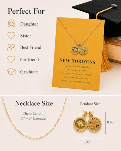 Zealmer Dainty 18K Gold Plated Compass World Map Pendant Necklace Graduation Gift for Friends - color: Compass