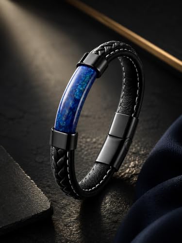 Mens Black Leather Obsidian/Turquoise/Tiger Eye/Red Agate Bracelet–Braided Multi‑Layer Wristband Cuff Bangle Bracelet with Stainless Steel Clasp Gift Jewelry Box Included - color: Style 2: Lapis Lazuli, size: 8.3in(Fits most wrists)