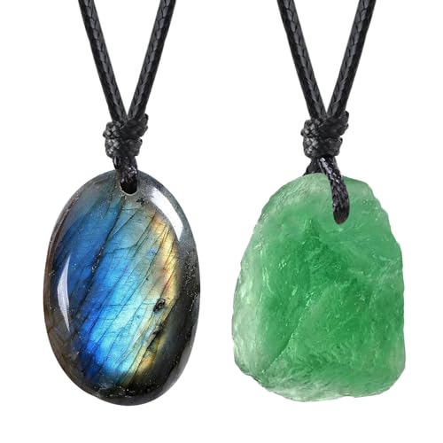 Natural Raw Crystal Necklace for Women Irregular Stone Necklaces Spiritual Gemstone Pendant with Adjustable Rope - color: E-Labradorite+Green Fluorite