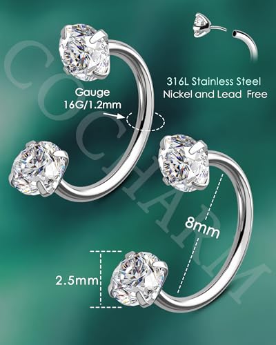 2PCS 16G Horseshoe Septum Rings Surgical Steel Helix Tragus Hoop Earring, Threadless Helix Cartilage Conch Piercing Jewelry For Women Men, 8mm 10mm 12mm Push Pin Lip Labret Rings - size: 8mm-2pcs