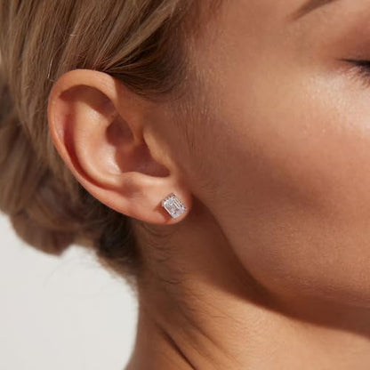 18K White Gold Plated Sterling Silver Emerald Cut Cubic Zirconia Stud Earrings Clear CZ Diamond Stud Earrings for Women Men Hypoallergenic - color: White Gold, size: 5MM*7MM