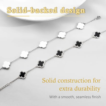 925 Sterling Silver Four Leaf Clover Bracelet – Real Silver Lucky Clover Jewelry for Women, Dainty Good Luck Gift for Her - color: Rhodium Plated – Black Onyx Set