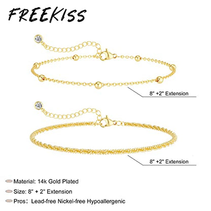 Freekiss Sparkle Glitter Waterproof Ankle Bracelets for Women Trendy | Dainty Layered Anklet for Women Adjustable Womens Anklet Set Stackable Beaded Cuban Link Anklets Beach Jewelry for Women - color: ANKLET-sparkle glitter+beaded chain-GD