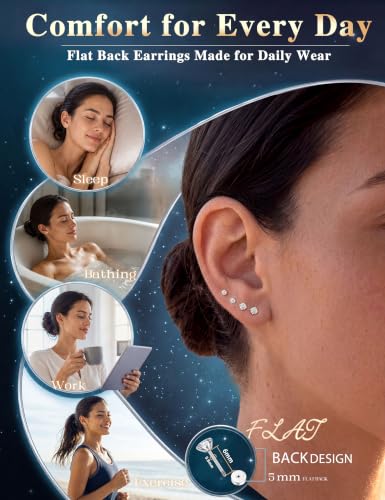 Fansilver 20G Hypoallergenic Flat Back Earrings for Women Men Silver 14K Gold Stainless Steel Stud Earrings Birthstone Cubic Zirconia Studs Surgical Steel Cartilage Earrings for Sensitive Ears - color: Silver Shiny