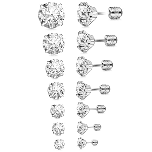 7 Pairs 20G Stainless Steel Stud Earrings Set Cubic Zirconia CZ Earrings Multi Size 2mm-8mm - color: Silver, size: Modern