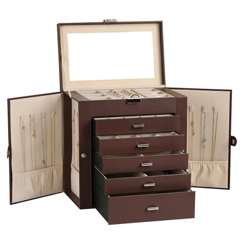Frebeauty 6-Layer Jewelry Box for Women,Large Jewelry Organizer with Drawer | Faux Leather,Built-in Mirror,Spacious Jewelry Storage,16 Necklace Hooks,Organizing by Category for Rings Earrings Bracelet - color: Dark Brown, size: Large