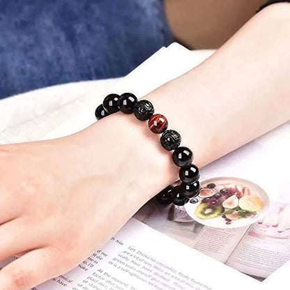 Black Obsidian Bracelet,Feng Shui Black Obsidian Wealth Bracelet for Women Men Couples Handmade Stretch Obsidian Bracelet Bangle with Carved Pixiu Tiger Eye Stone Attract Wealth Money and Good Luck - color: B,12mm,Red Tiger Eye