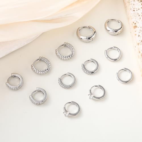 HILXURY 6 Pairs Small Gold Huggie Hoop Earrings for Women, 14K Gold Plated Cartilage Piercings Hoop Earrings Hypoallergenic, Trendy Lightweight Chunky Hoops Set for Women Gifts. - color: D- Silver