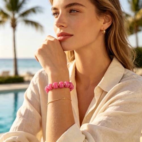 Bead Bracelet for Women Vibrant Color Resin Beads Bracelets Elastic Stretch Chunky Bracelet Boho Summer Beach Vacation Jewelry - color: Magenta