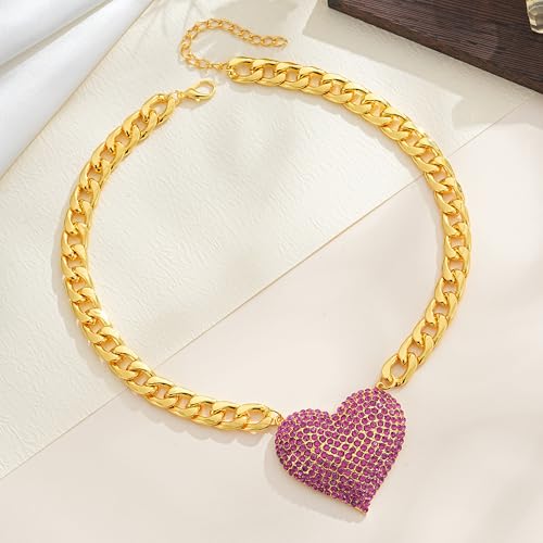 Gold Cuban Link Chain Necklace with Red Crystal Heart Pendant, Statement Chunky Curb Link Chain，Fashion Jewelry for Women - color: Peach red